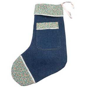 handmade Christmas blue jean stocking floral lace ribbon pocket 12" ribbon READ